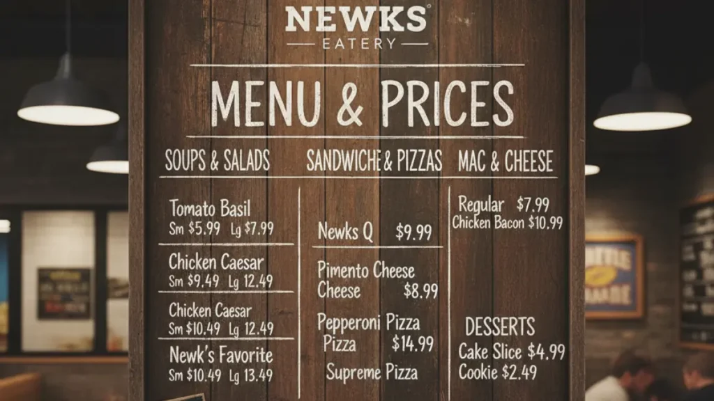 A wooden menu board at Newk's Eatery lists soups, salads, sandwiches, pizzas, mac & cheese, and desserts with prices for each item. Newks Menu Prices