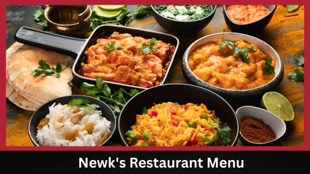 A colorful display of Indian food including curries in bowls, naan, rice, and spices on a textured surface. Text reads "Newk's Restaurant Menu."