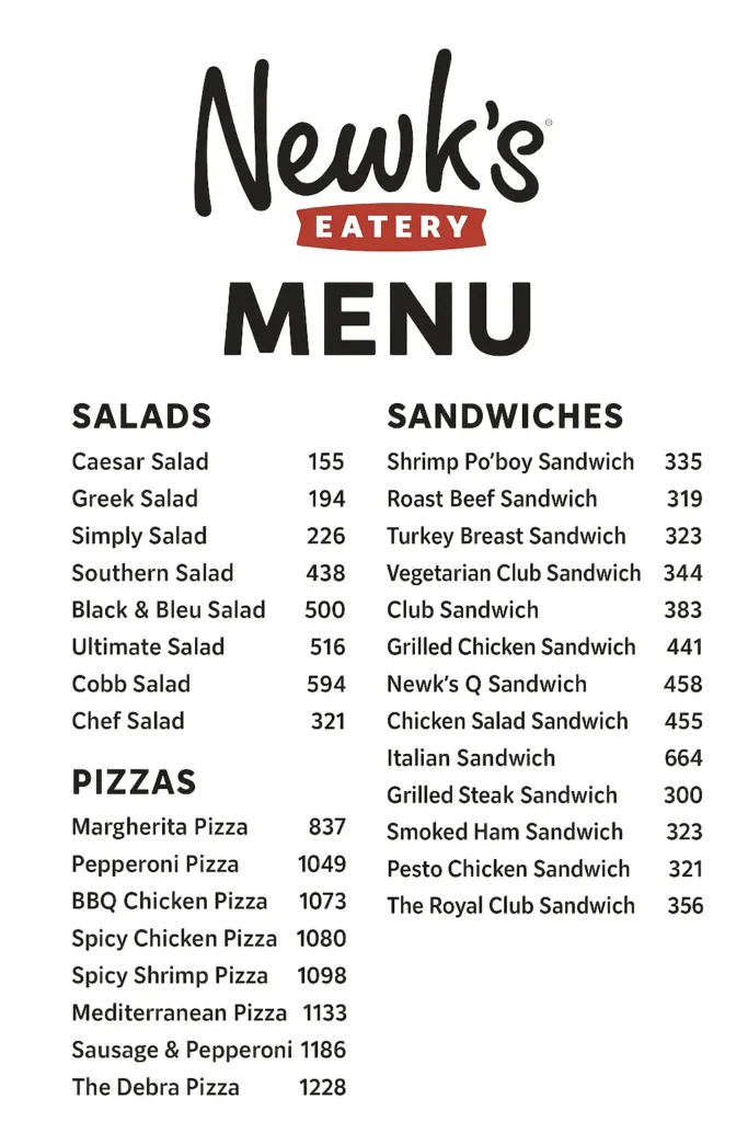 Menu for Newk's Eatery featuring salads like Caesar and Greek, sandwiches like Shrimp Po’boy and Club, plus pizzas, including Margherita and BBQ Chicken.