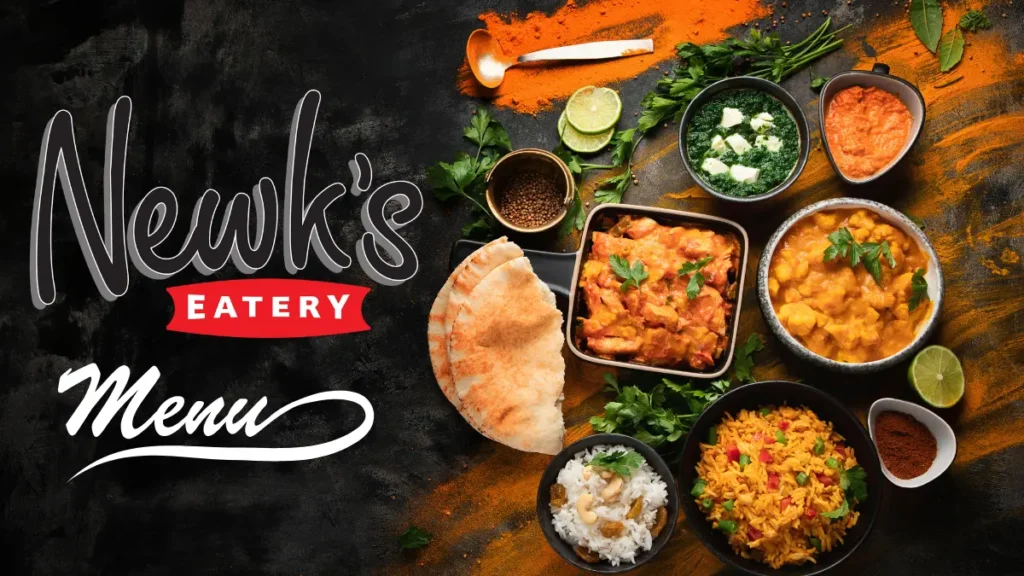 "Colorful Indian dishes with rice, curry, naan, and spices on a textured dark surface. 'Newk's Eatery Menu' text is in stylized font on the left."