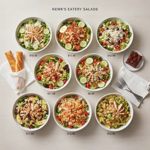 Nine salads from Newk's Eatery arranged in a grid, each in a white bowl with various toppings like chicken and shrimp. Prices range from $9.49 to $12.99. Newks Salad Menu 