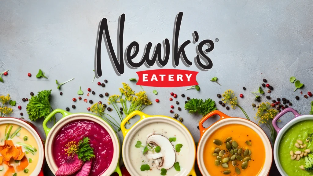 Five colorful bowls of soup are arranged in a row with garnishes like herbs, seeds, and vegetables. The backdrop displays the "Newk's Soup Menu with prices"